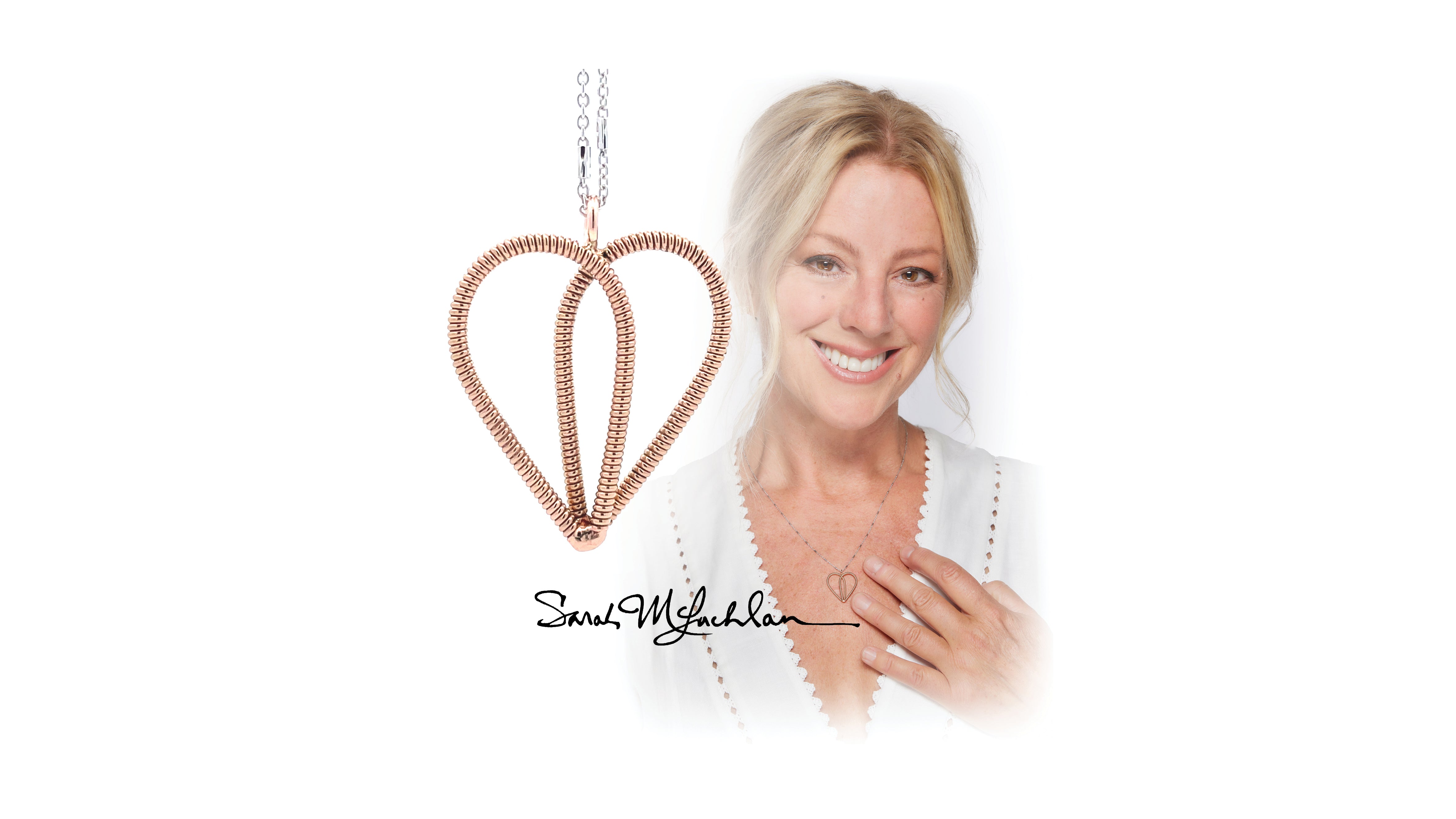 Heart necklace made of guitar string next to blonde woman in white top on white background with Sarah McLachlan's signature in black.