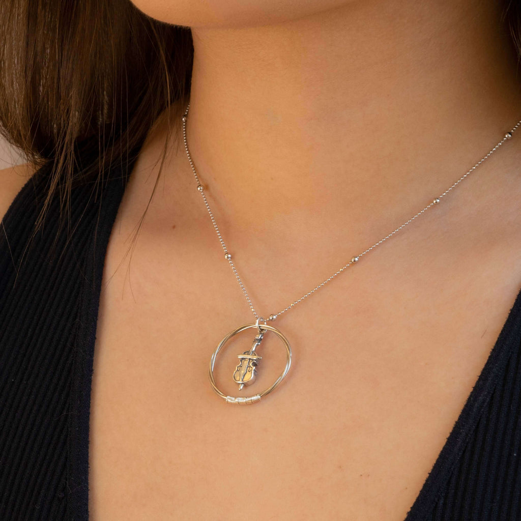 Cello string necklace on model