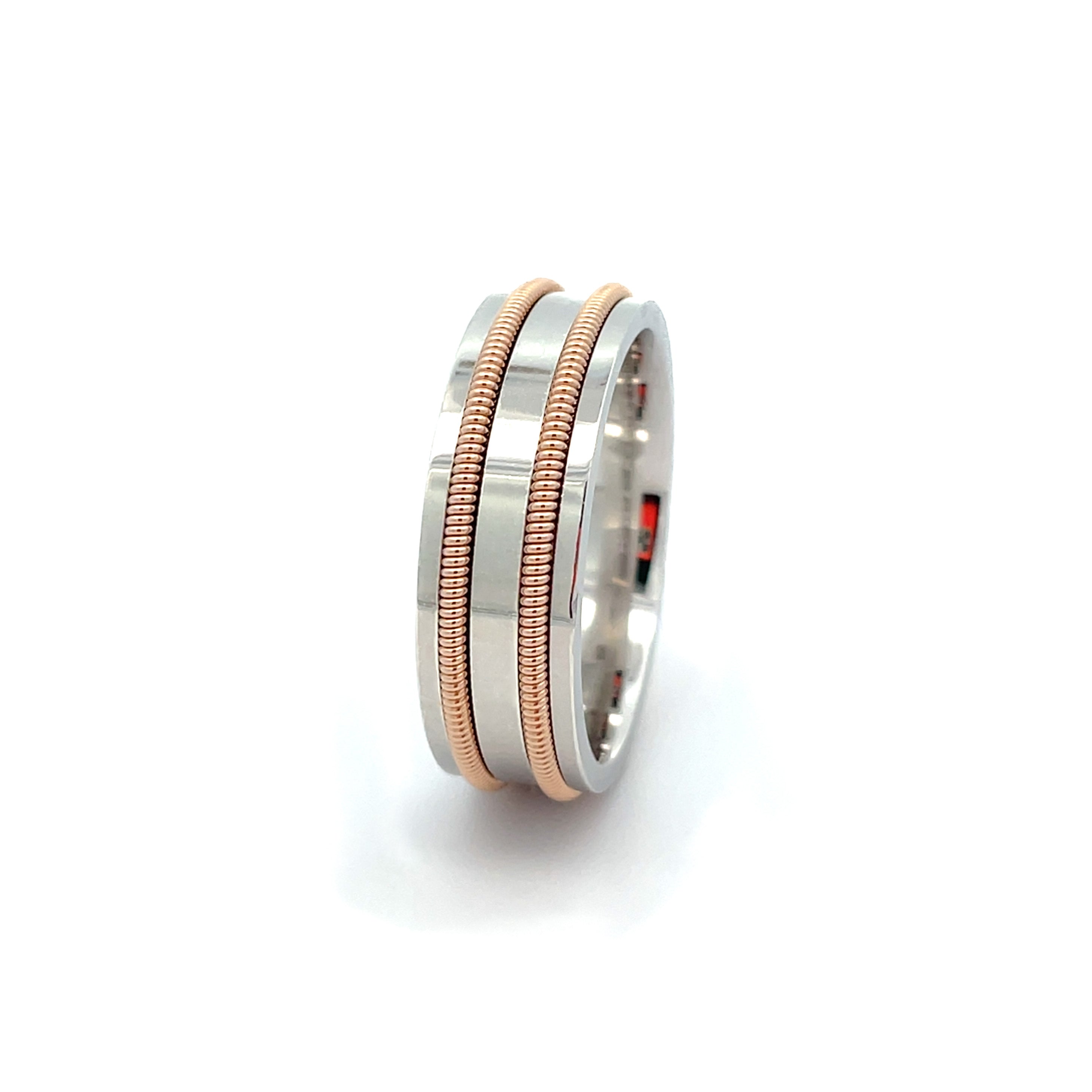 Silver ring with 2 rows of embedded acoustic guitar string