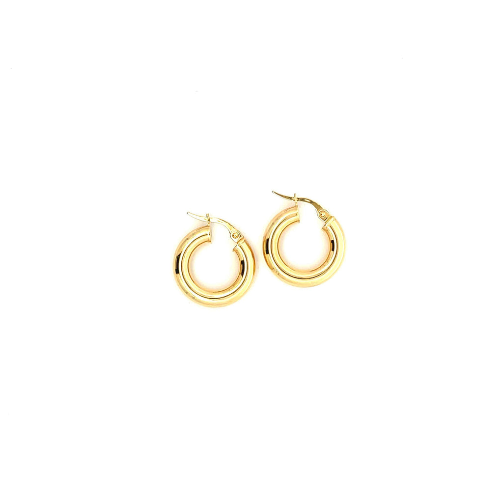 small thick 10K gold hoop earrings on white background