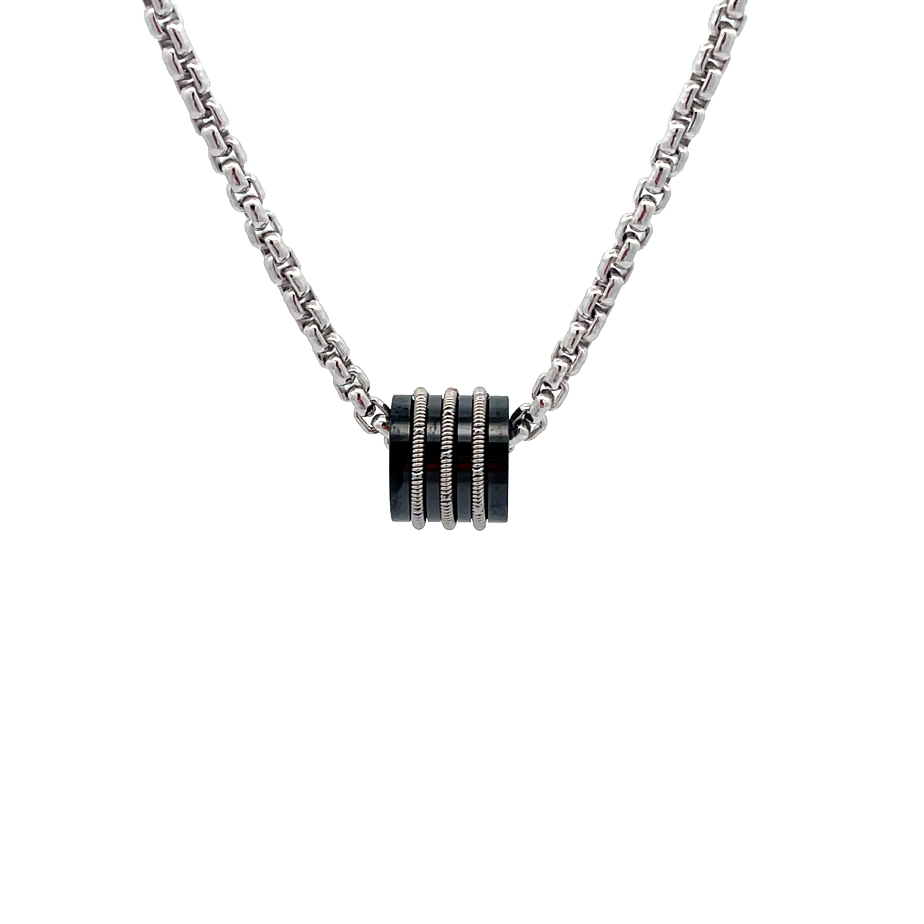 Black bead with inlaid guitar string on silver box chain against a white background.