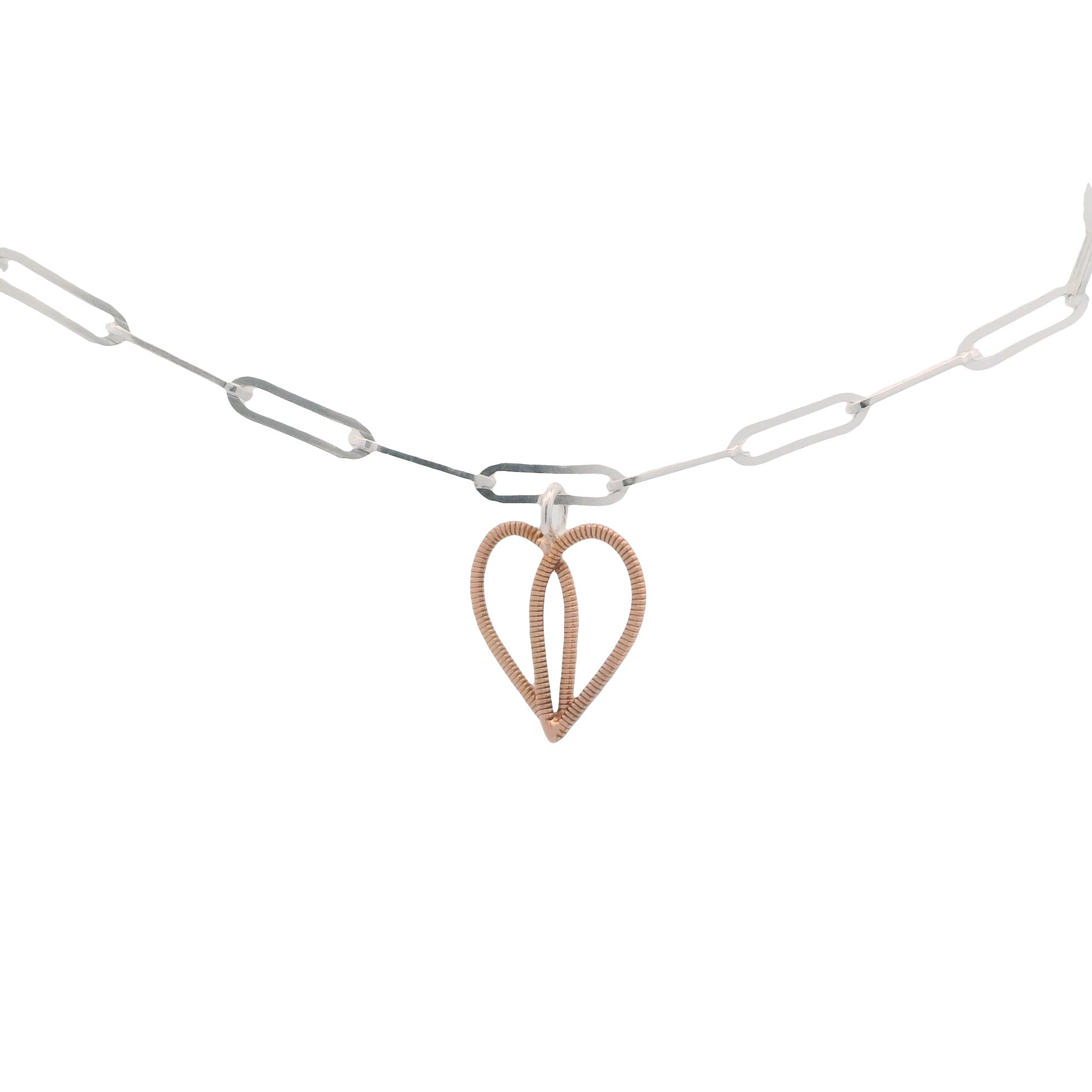 rose gold heart on silver chain with white background