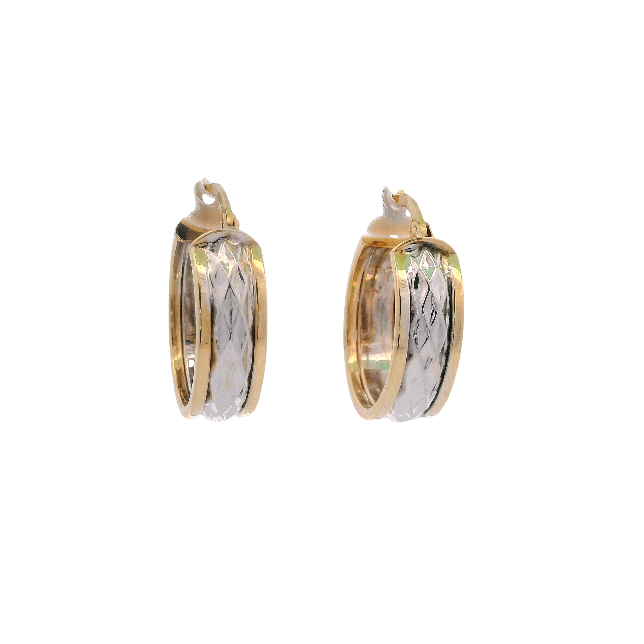 Gold hoop earrings with diamond cut white gold centre on a white background