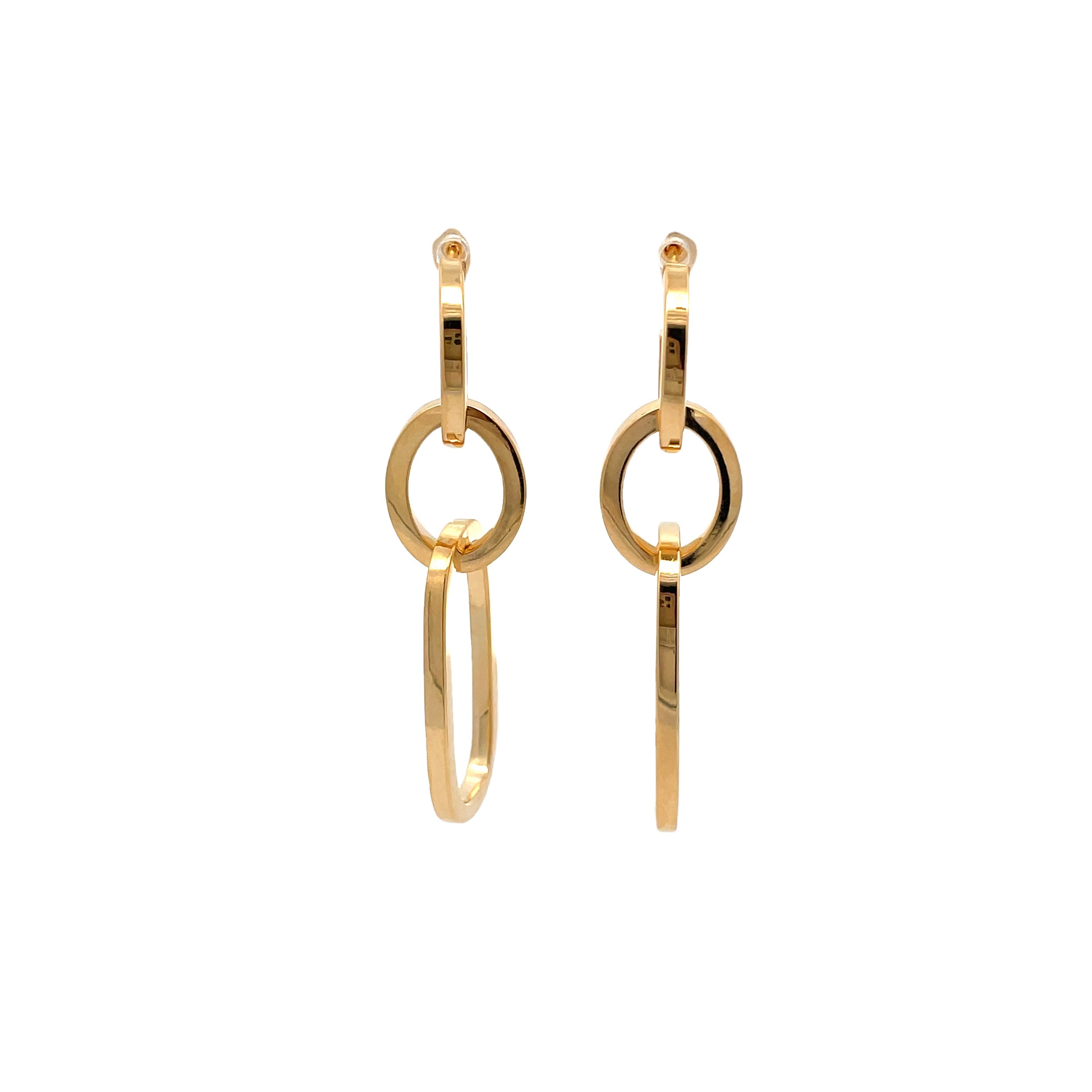 Gold hoop earrings with a minimalist design on a white background
