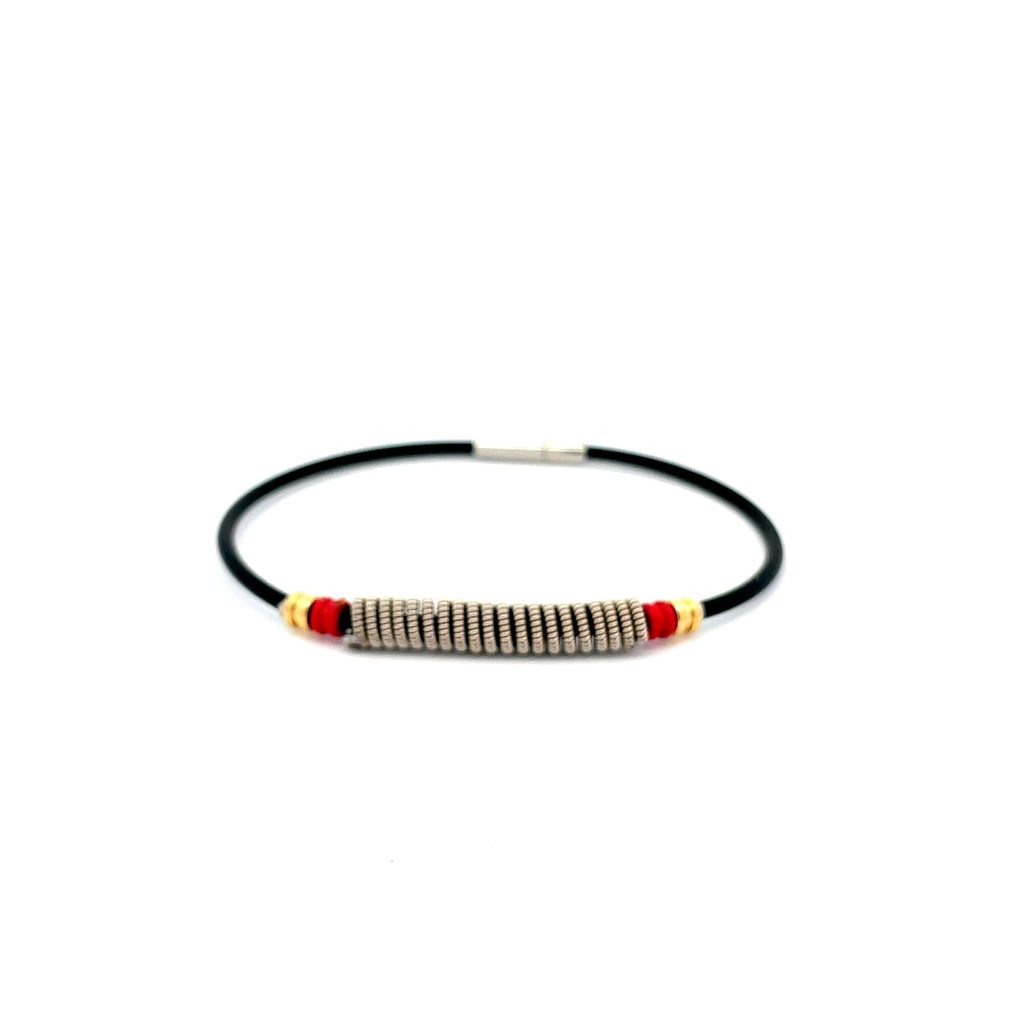 electric guitar string coil bracelet with red ball ends