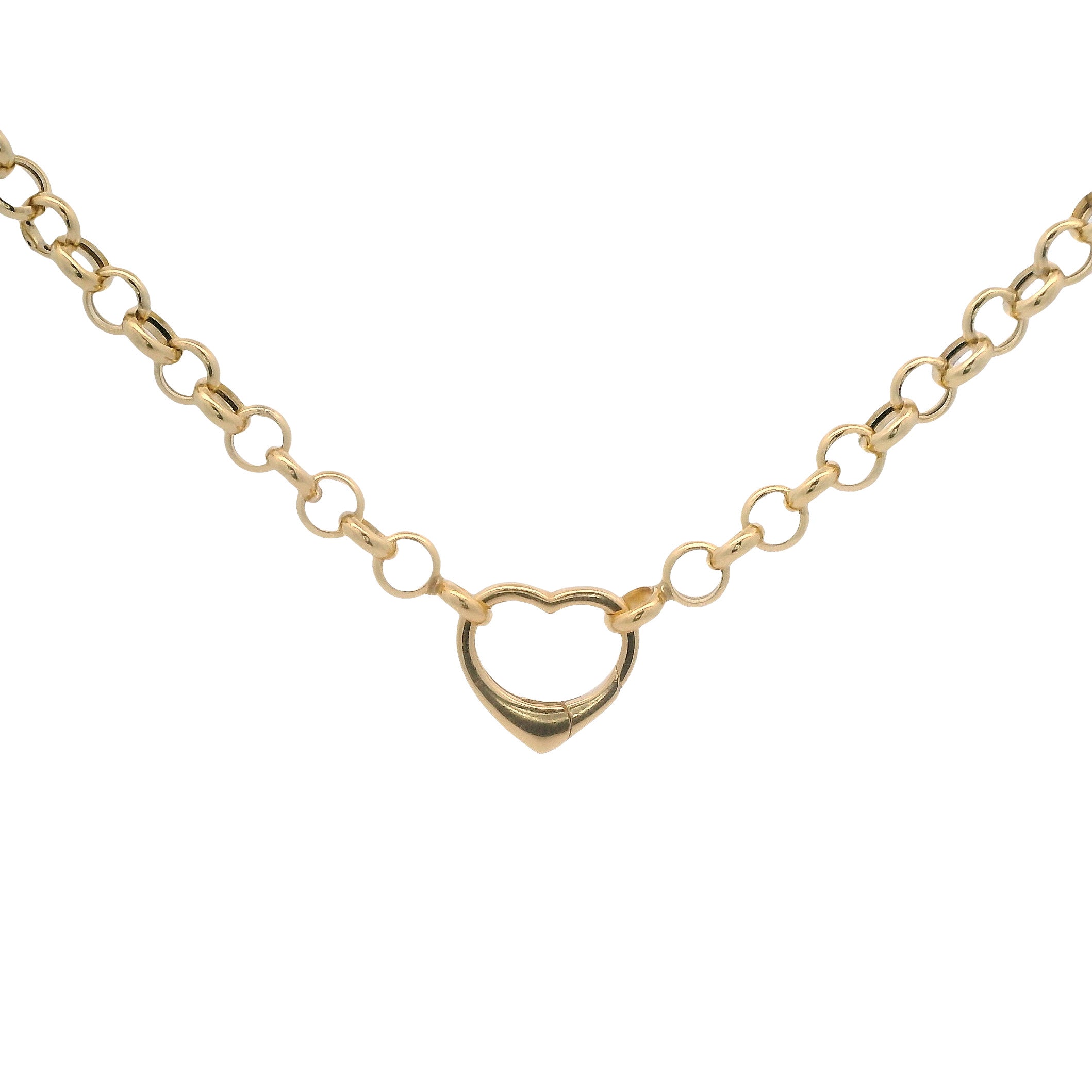 Gold chain necklace with a heart-shaped clasp on a white background