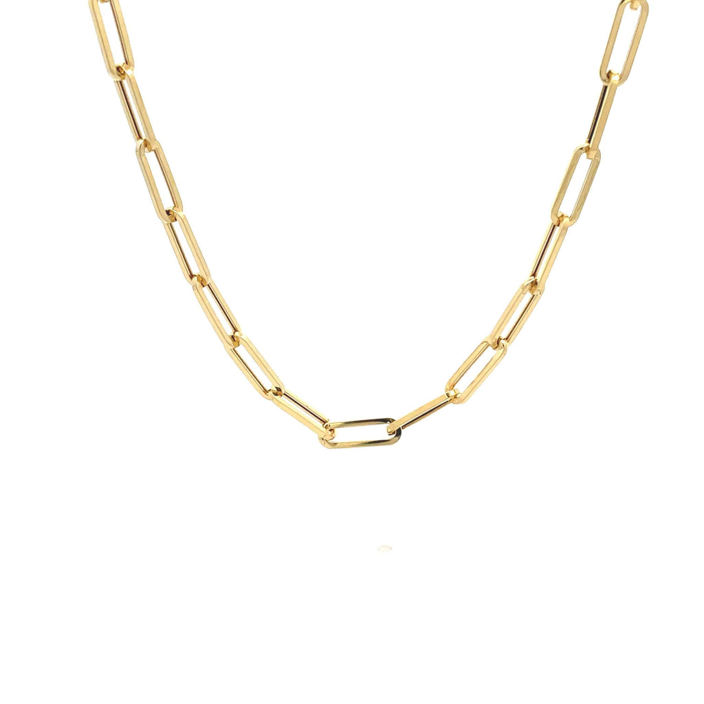 14k yellow gold paperclip chain on a white background 
