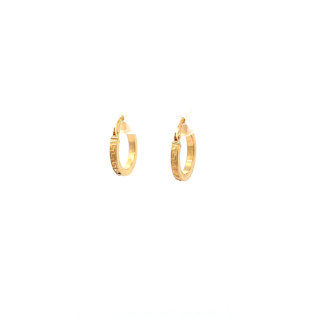 mini greek key gold hoop earrings on a white background