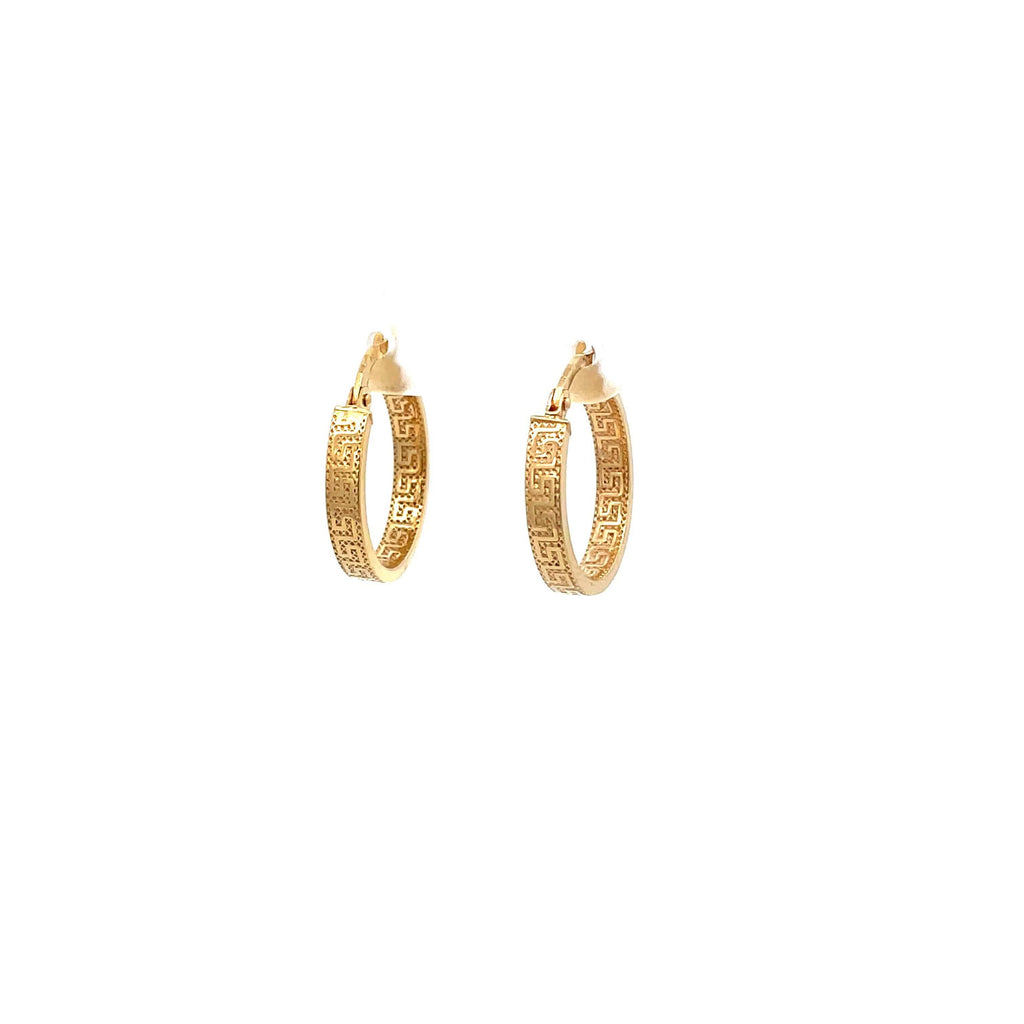 small greek key gold hoop earrings on a white background