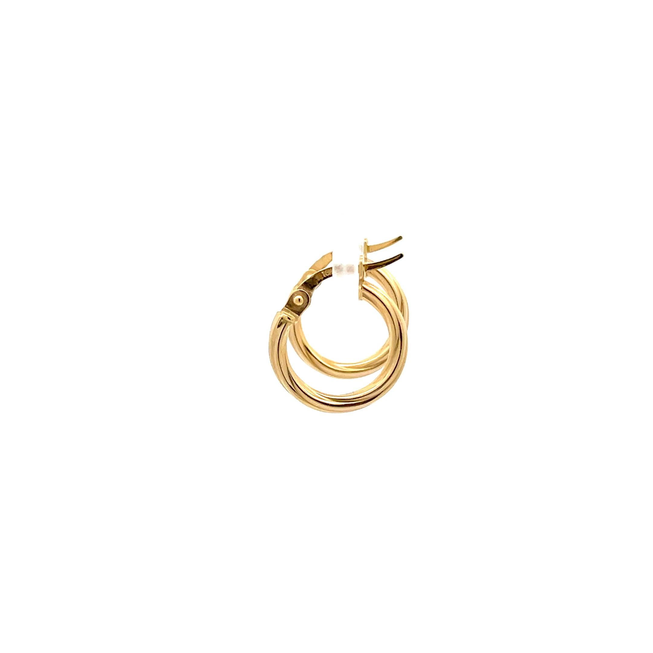 small spiral gold hoop earrings on a white background