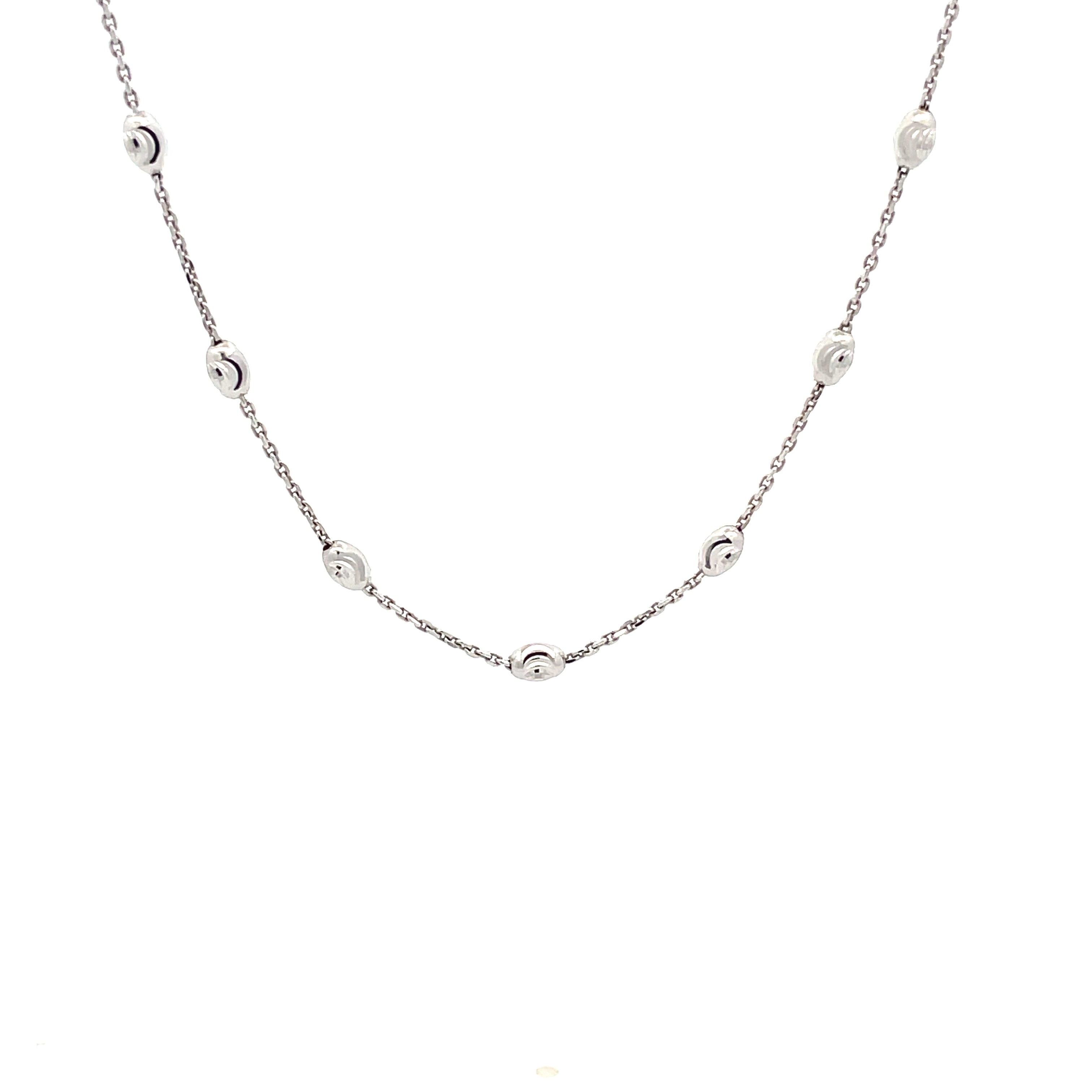 solid white gold chain with moon-cut beads on a white background