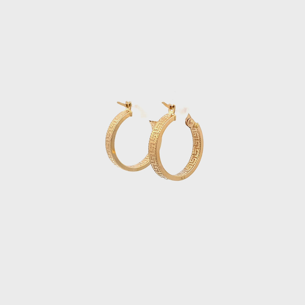 video of gold hoop earrings with greek key detail