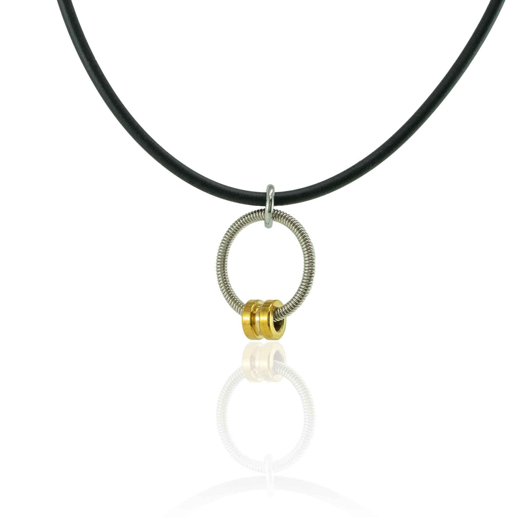 bass guitar string necklace with gold ball end and black lacing on white background
