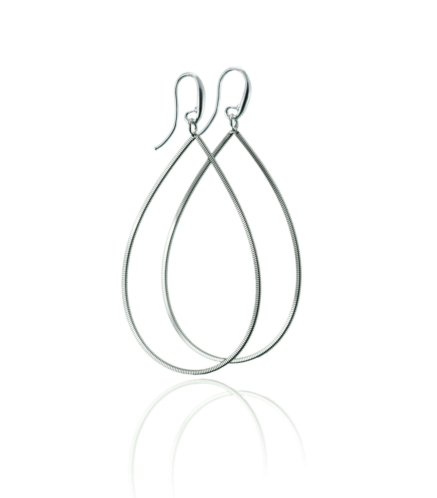 Electric guitar string tear drop earrings on a white background