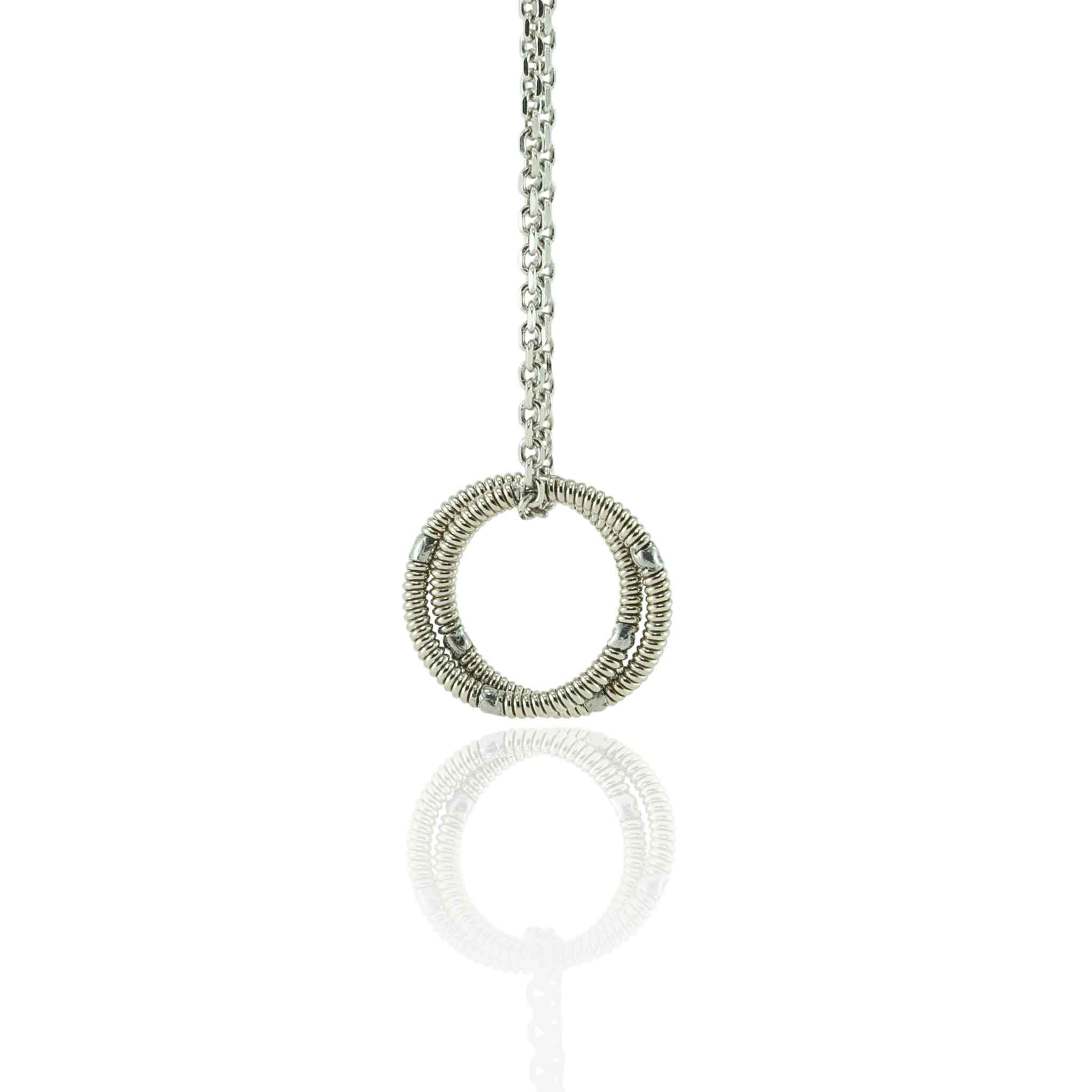 electric guitar string round pendant on 10K white gold chain hanging on a white background