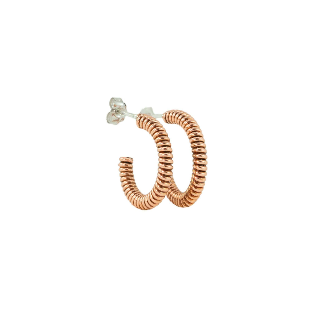 Piano string hoop earrings on a white background
