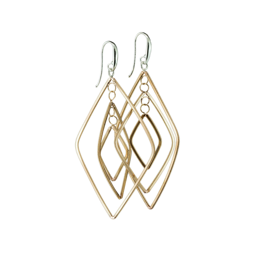 diamond-shaped dangle guitar string earrings with silver ear hooks